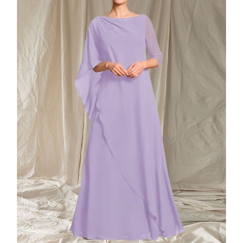 A-Line Mother of the Bride Dress Wedding Guest Elegant Crew Neck Floor Length Chiffon 3/4 Length Sleeve with Beading