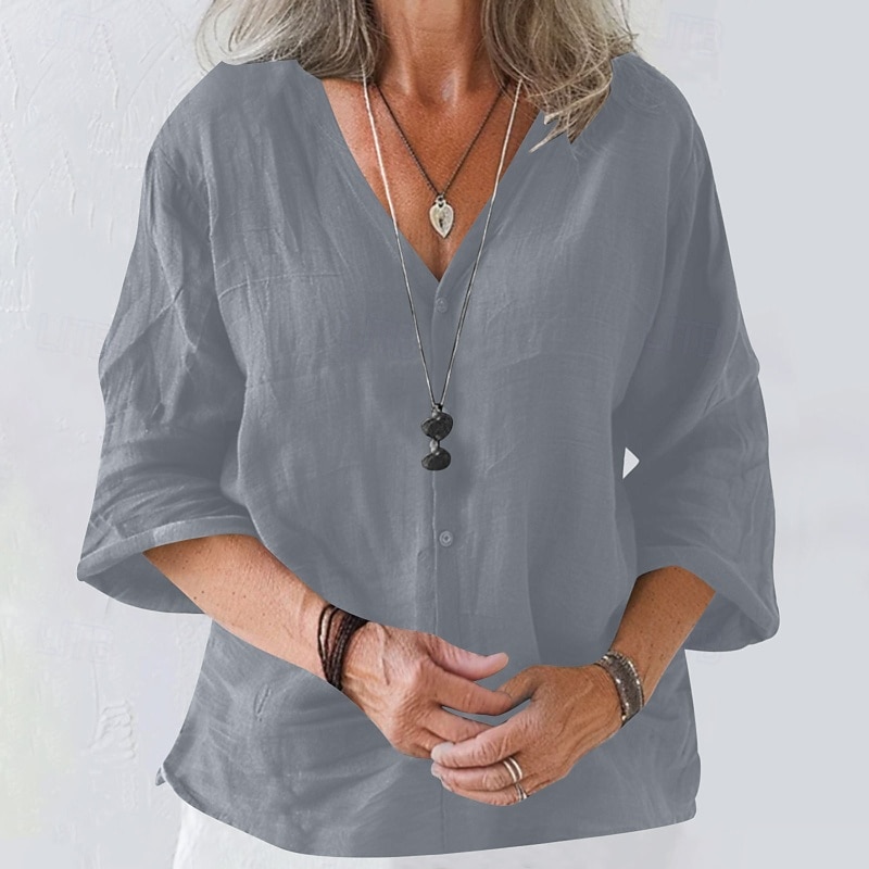Women's Blouse Cotton Linen Shirts Plain Basic Modern 3/4 Length Sleeve V Neck Regular Tops Daily Holiday Going out Buttons Black White Pink Brown Apricot Summer