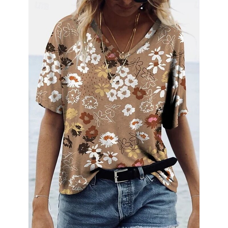 Women's T Shirt Floral Fashion Modern Long Sleeve V Neck Regular Tops Daily Print Royal Blue Blue Dusty Blue Purple Fuchsia Summer2