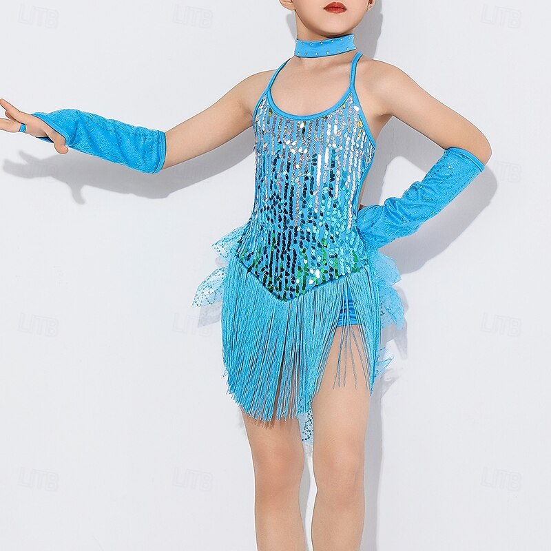 Latin Dance Dress Tassel Pure Color Splicing Girls' Performance Training Sleeveless Polyester