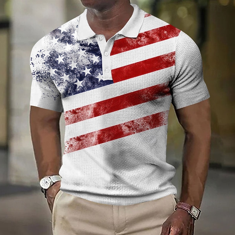 American Independence Day Men's American US Flag Waffle Polo Shirts Short Sleeve Polo Shirts Collared Shirts Casual Street Daily Wear Festival Outfit Buttons 3D Print Summer White Blue