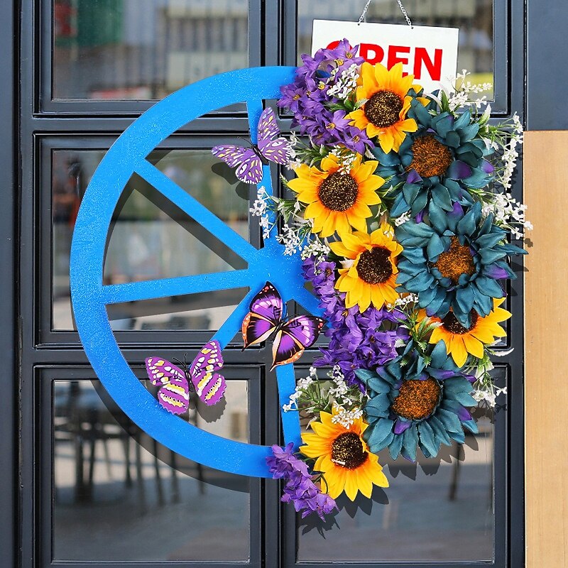 Spring Wreath Blue Wheel Artificial Sunflower & Butterfly Decor Rustic Farmhouse Wall Hanging for Door, Fence & Garden Ornament2