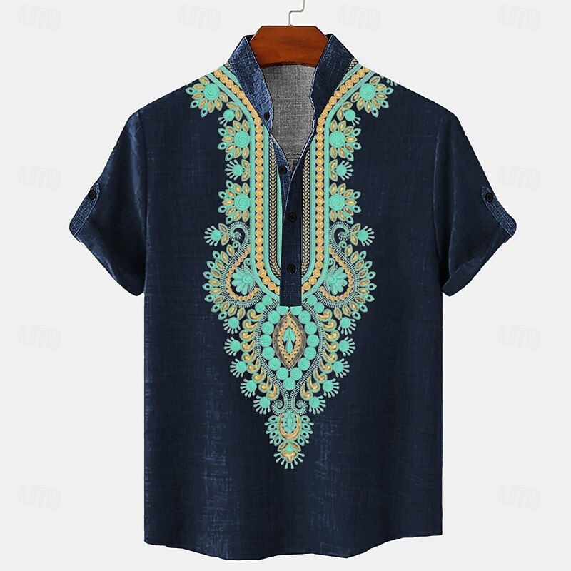 Men's Ethnic Linen Shirt Summer Shirt Short Sleeve Casual Tribal Vacation Daily Summer Spring Mandarin Collar Print Navy Blue Green2