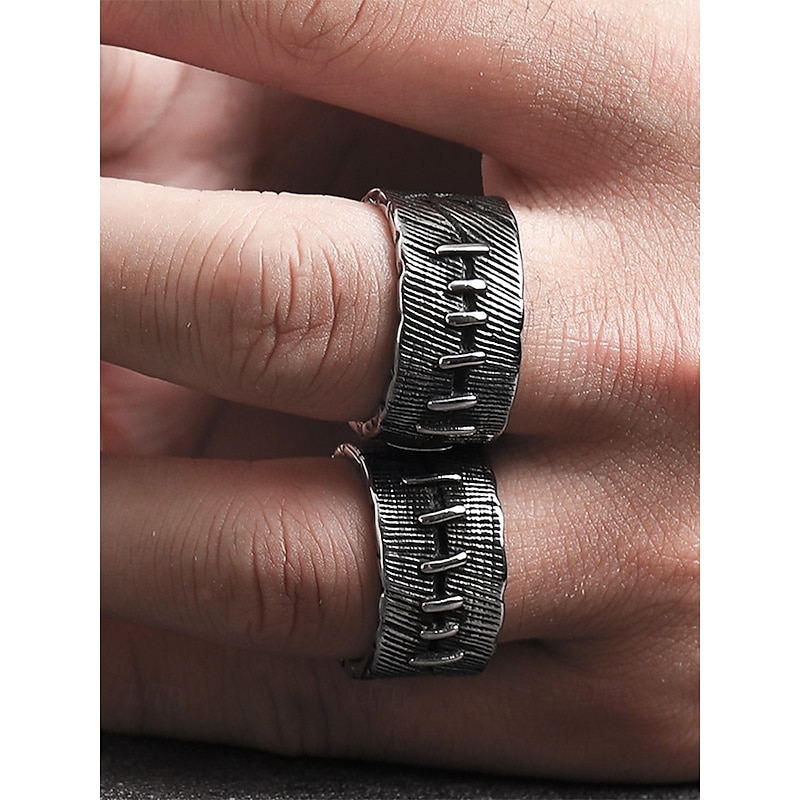 Mens Goth Punk Sewn Ring - Vintage Silver Ring for Biker, Rock and Halloween Fashion2