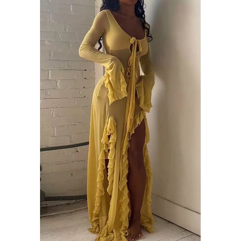 Women's Long Dress Maxi Dress Boho Dress Fashion Vacation Date Going out Regular Fit Plain Long Sleeve V Neck Light Yellow Summer2