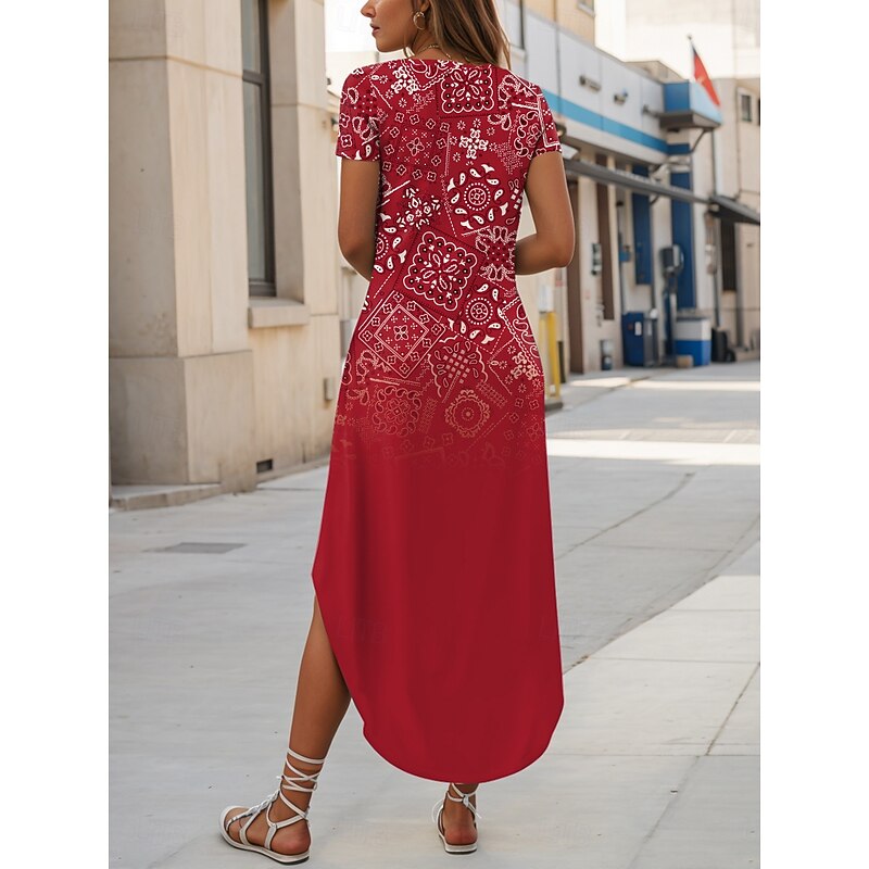 Women's Maxi Dress T Shirt Dress Tee Dress Summer Dress Casual Daily Regular Fit Graphic Paisley Short Sleeve Crew Neck Red Summer2