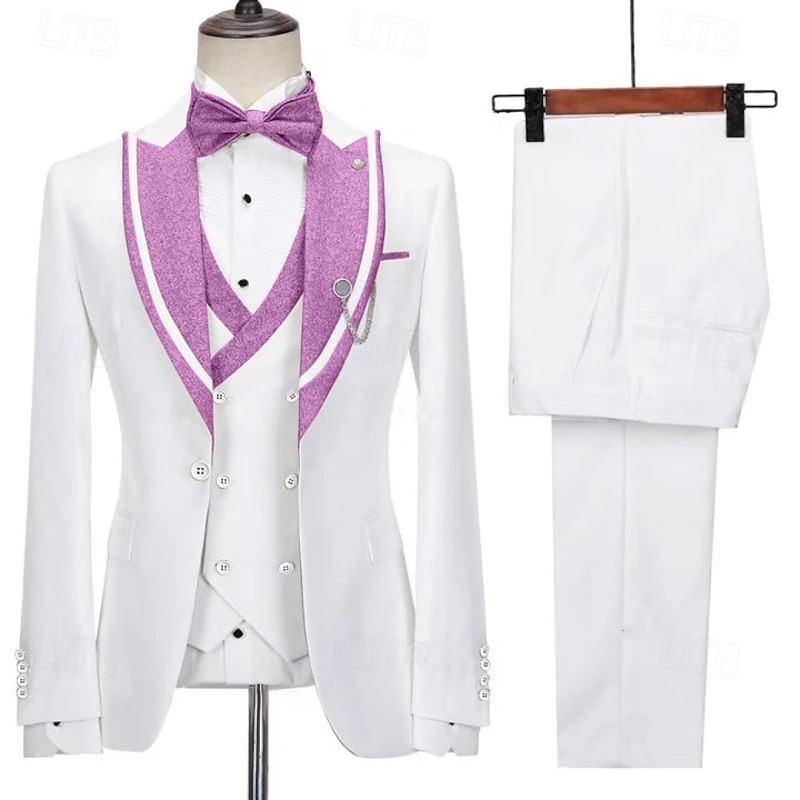Men's Prom Sparkly Party Suits Peaked Lapel Pink Purple Fashion Luxury Solid Colored Standard Fit 3 Piece Single Breasted One-button4
