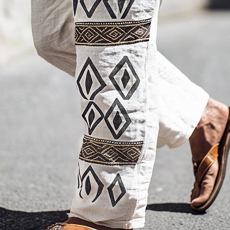 Men's Linen Pants Trousers Summer Pants Drawstring Elastic Waist Straight Leg Plain Comfort Breathable Full Length Casual Daily Holiday Fashion Classic Style White2