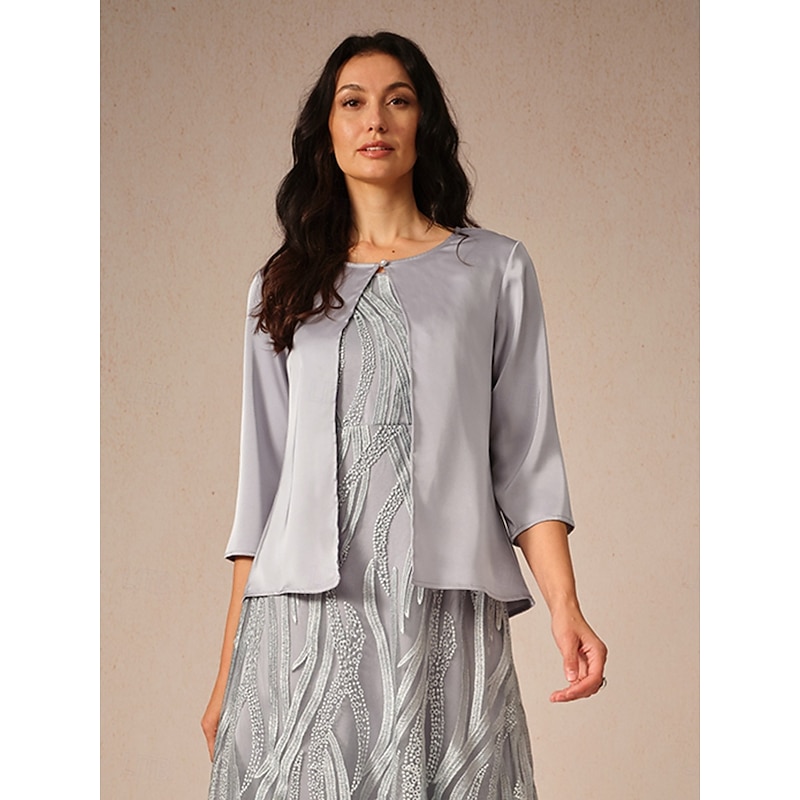 Women's Dressy Tops Solid Color Elegant 3/4 Length Sleeve Crew Neck Crop Tops Gray Summer Spring Fall