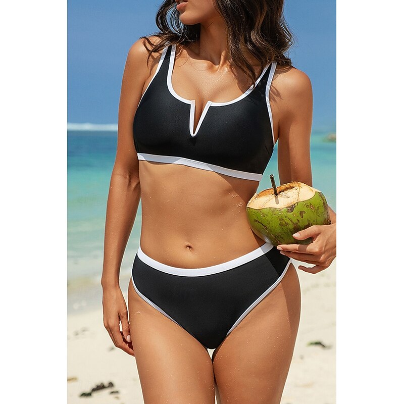 Women's Swimwear Bikini 2 Piece Swimsuit Backless Patchwork Tropical Beach Wear Color Block V Neck Sleeveless Bathing Suits3