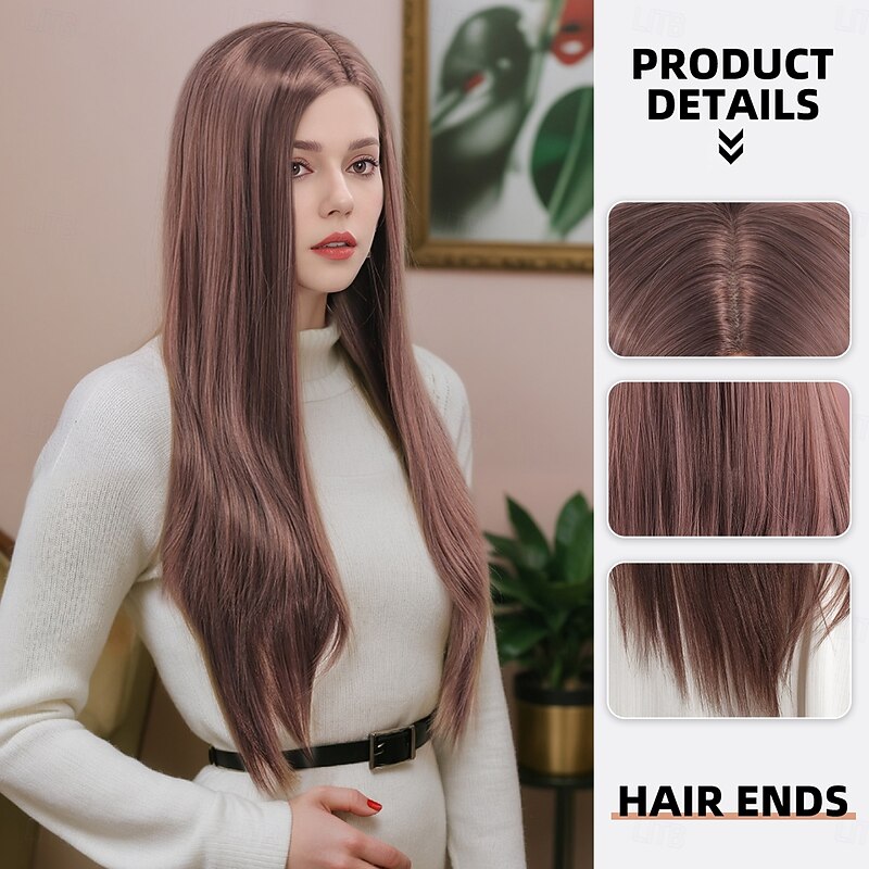 Synthetic Wig Straight kinky Straight Middle Part Layered Haircut Machine Made Wig 28 inch A1 Synthetic Hair Women's Middle Part Classic Exquisite Pink2