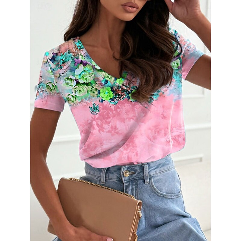 Women's T Shirt Floral Casual Short Sleeve V Neck Regular Tops Daily Print Pink Blue Green Summer3