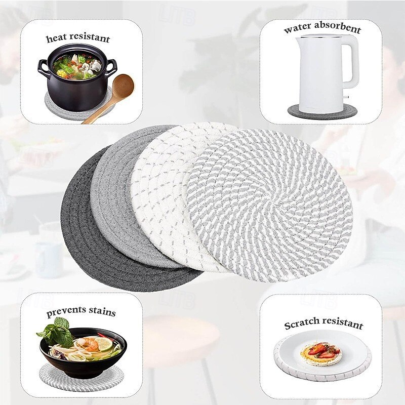 4PCS Cotton Rope Woven Placemats – Modern Heat-Resistant Table Mats, Handmade Coasters, Clay Pot Mats, Dining Table Protection, Simple Home & Kitchen Decor3