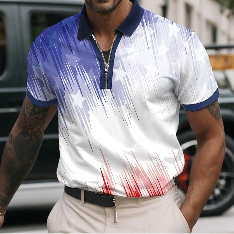 Men's American US Flag Zip Polo Shirts Short Sleeve Polo Shirts Collared Shirts Casual Athleisure Daily Wear 3D Print Summer Red Navy Blue Sky Blue2
