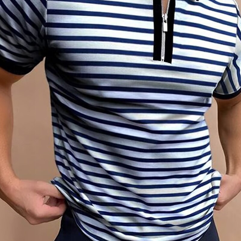 Men's Horizontal Stripes Zip Polo Rugby Polo Shirts Short Sleeve Turndown Casual Daily Outdoor Athleisure Casual Daily Zipper Summer Black-White2