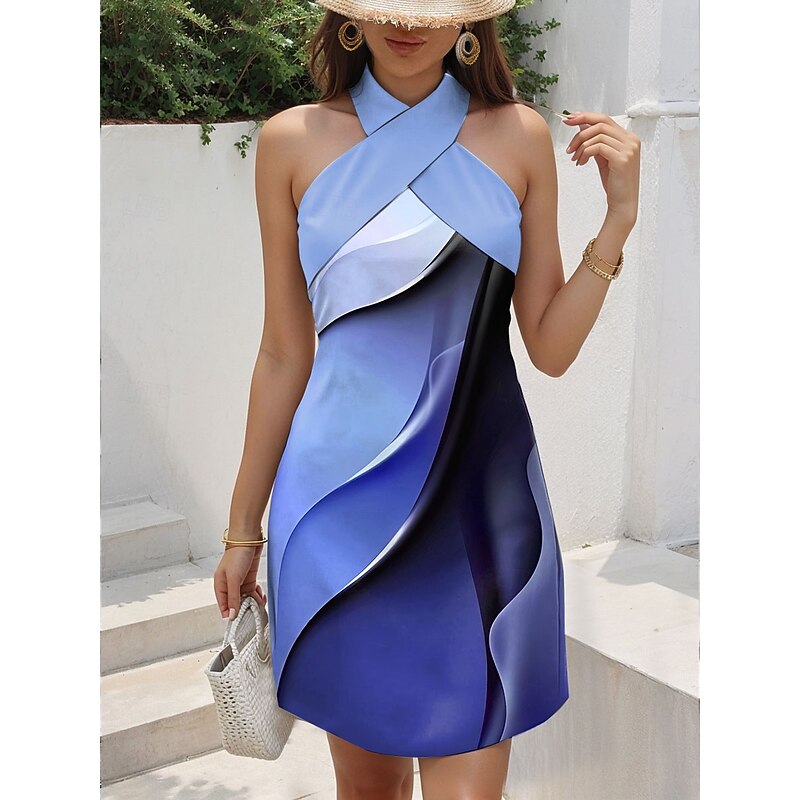 Women's Mini Dress T Shirt Dress Tee Dress Sundress A Line Dress Vacation Casual Going out Regular Fit Ombre Graphic Geometric Sleeveless Halter Neck Pink Blue Purple Green Summer2