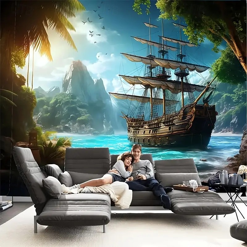 Landscape Ocean Pirate Boat Hanging Tapestry Wall Art Large Tapestry Mural Decor Photograph Backdrop Blanket Curtain Home Bedroom Living Room Decoration