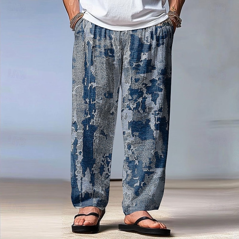 Men's Tie Dye Print Trousers Baggy Pants Casual Pants Mid Waist Vintage Retro Outdoor Vacation Holiday Drawstring Elastic Waist Wide Leg Summer Spring 3D Print Blue Brown Gray