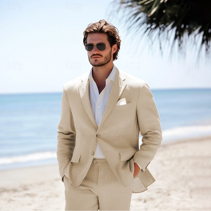 Men's Beach Wedding Linen Suits Khaki Lightweight Casual Solid Colored Standard Fit 2 Piece Single Breasted Two-buttons