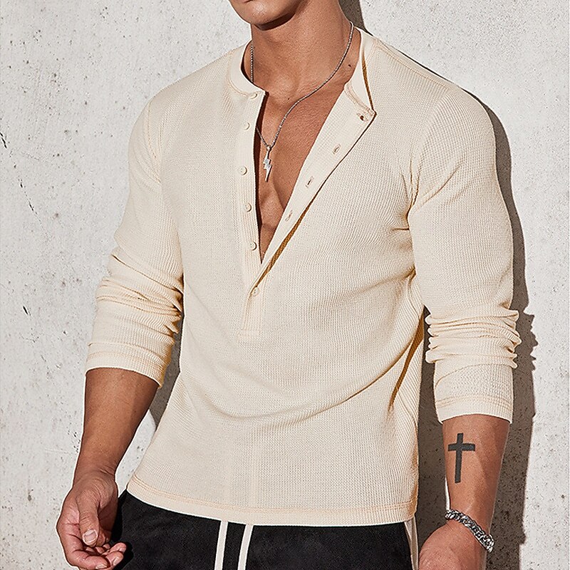 Men's Button T Shirt T Shirt Henley Shirt Tee Long Sleeve Henley Summer Spring Plain Fashion Designer Basic Buttons Vacation Street Going out Apricot Navy Blue Light Grey Top Tee for Men4