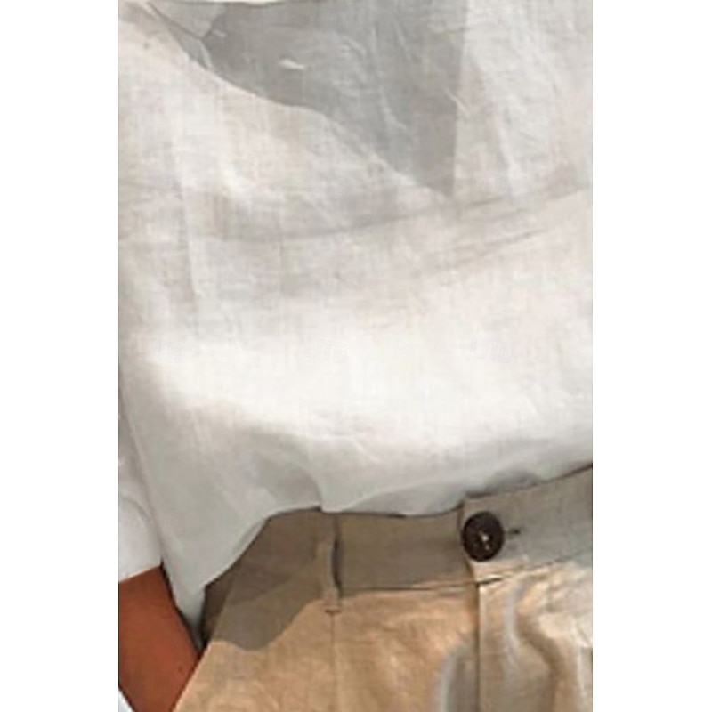 Women's Shirt Cotton Linen Shirts Blouse Plain Basic Modern Casual Long Sleeve High Neck Regular Tops Daily Going out Buttons White Summer4
