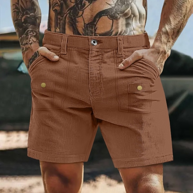 Men's Cargo Shorts Casual Shorts Corduroy Shorts Buttons Multi Pocket Straight Leg Plain Breathable Moisture Wicking Knee Length Outdoor Casual Camping & Hiking Fashion Streetwear Navy Blue Green
