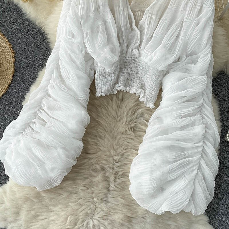 Women's Blouse Chiffon Tops Plain Stylish Long Sleeve Puff Sleeve V Neck Crop Tops Holiday Going out Ruched Black White Purple Green Spring3