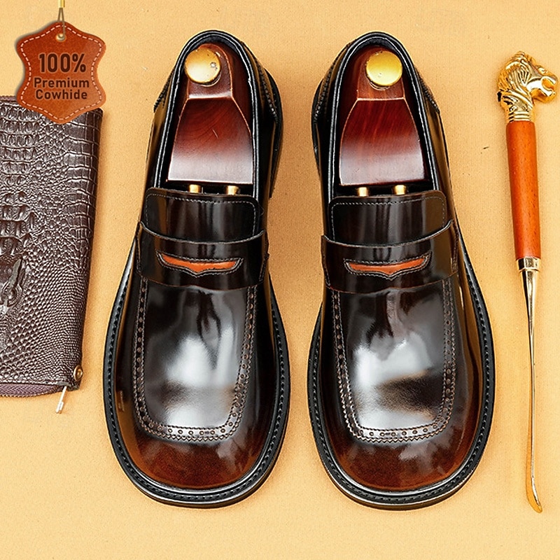 Men's Black Premium Cowhide Slip-On Loafers with Decorative Strap, Formal Style for Business and Special Occasions