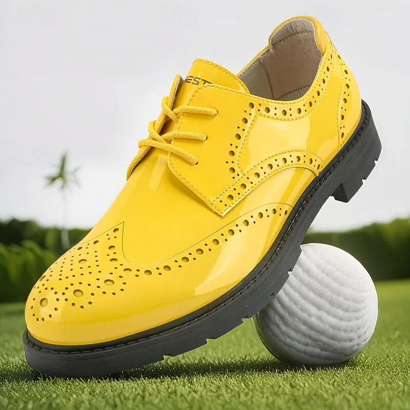 Men's Vibrant Yellow Brogue Golf Shoes, Lace-Up, Water-Resistant Leather, Stylish Choice for Golf and Casual Wear2