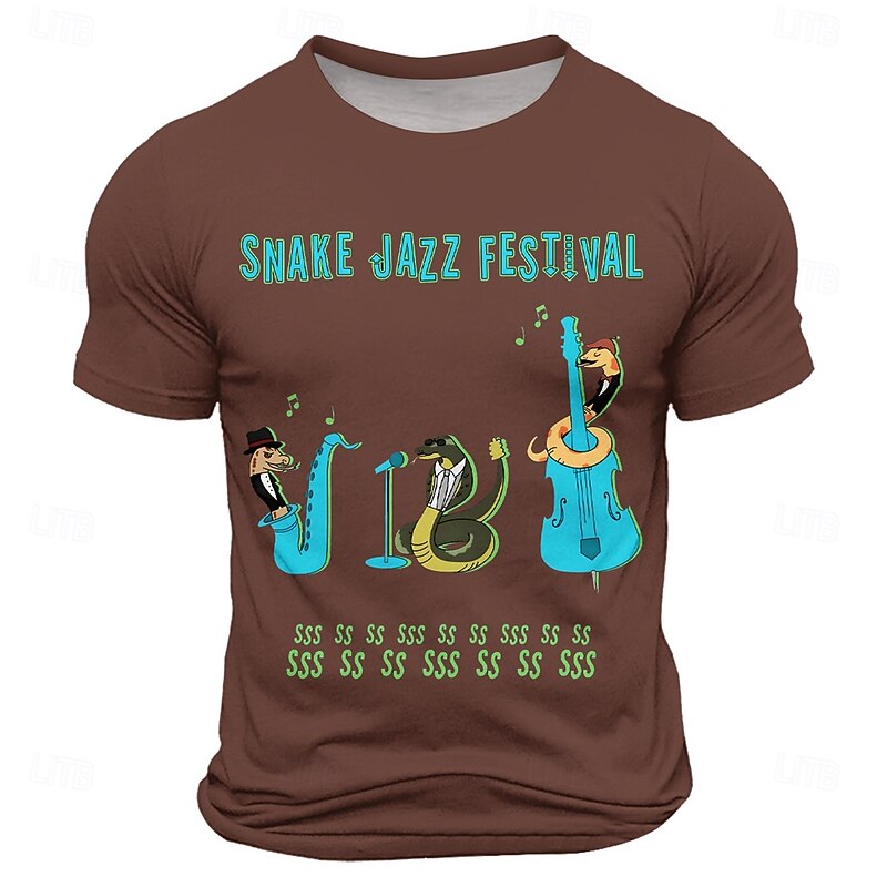 Men's Music Snake Funny T Shirt Short Sleeve T shirt 3D Print Crew Neck Shirt Fashion Daily Street Daily Black Blue Brown Summer Spring Clothing Apparel S M L XL XXL XXXL3