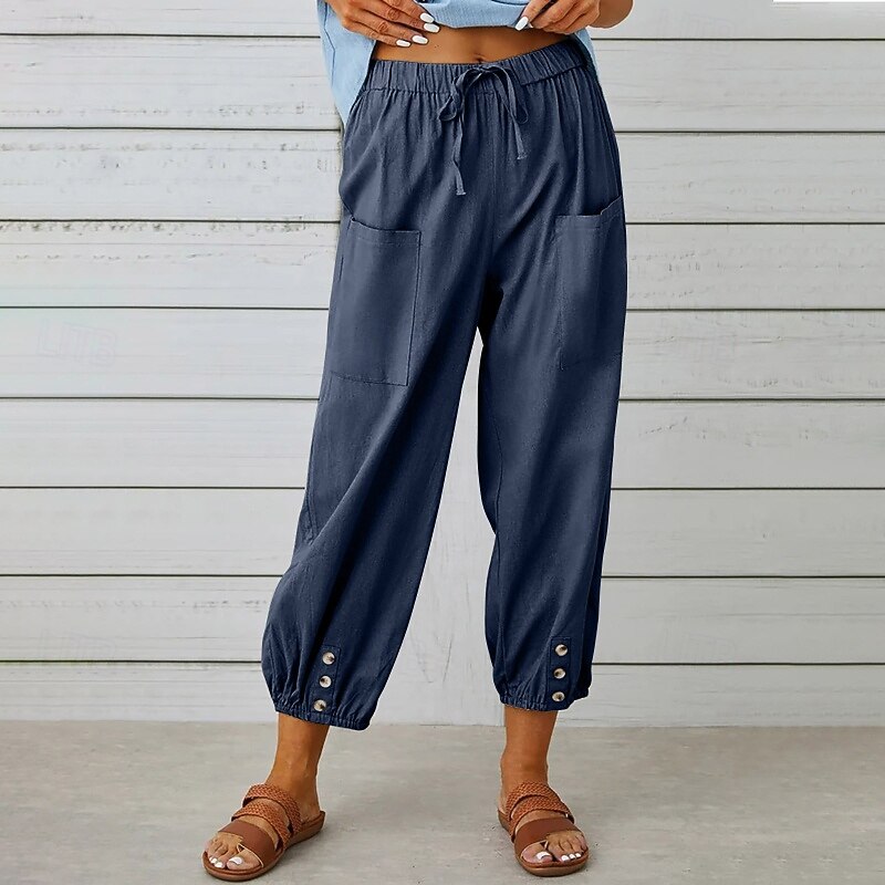 Women's Cotton Linen Shorts Linen-Inspired Pants Cotton Linen Pants Streetwear Casual Ankle-Length Natural Plain Pocket Elastic Drawstring Design Comfy Outdoor Comfortable Street Daily Wear Going out3