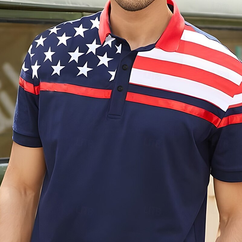 American Independence Day Men's American US Flag Polo Short Sleeve Polo Shirts Collared Shirts Casual Outdoor Daily Wear 3D Print Summer Spring Fall Blue2