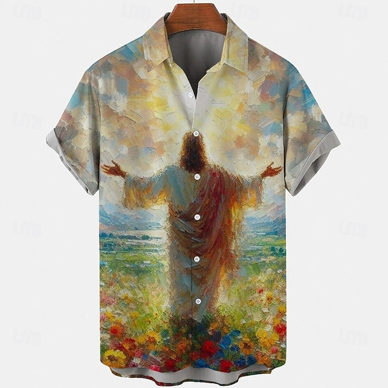 Easter Men's Floral Print Jesus Flowers Shirt Casual Shirt Button Up Shirt Short Sleeve Vintage Retro Vacation Holiday Festival Summer Spring Turndown 3D Print Collared Shirts Blue Light Blue