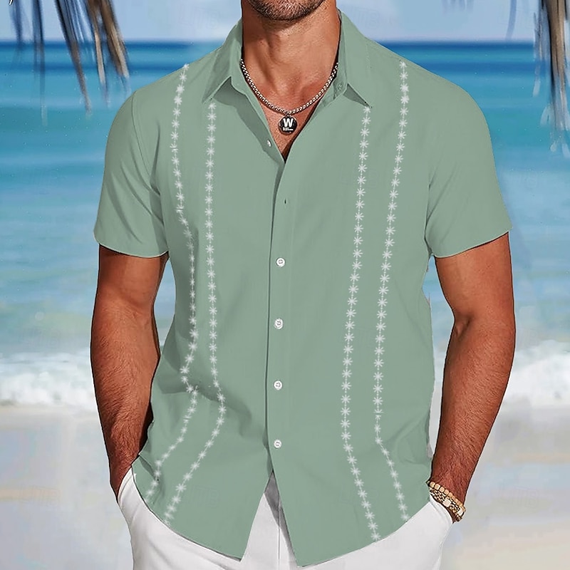 Men's Geometric Shirt Guayabera Shirt Button Up Shirt Short Sleeve Fashion Casual Vacation Dailywear Beach Wear Summer Spring Turndown 3D Print Collared Shirts White Blue Green3