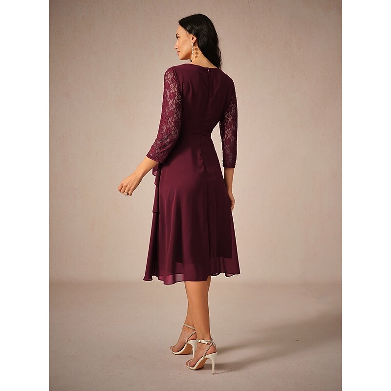 Women's Tea Length Lace Dress Party Dress Cocktail Dress Wedding Guest Dress Elegant Party Vacation Wedding Guest Cocktail Party Regular Fit Solid Color 3/4 Length Sleeve Crew Neck Wine Spring Fall2