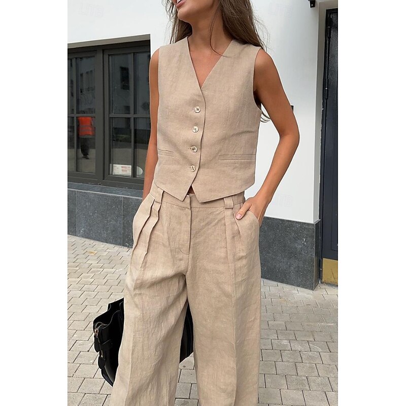 Women's Active Fashion Blouse Pants Sets Sleeveless V Neck Solid Color Dubbele Rij Knopen Vacation Casual Daily Black Orange Khaki Summer Regular Fit3