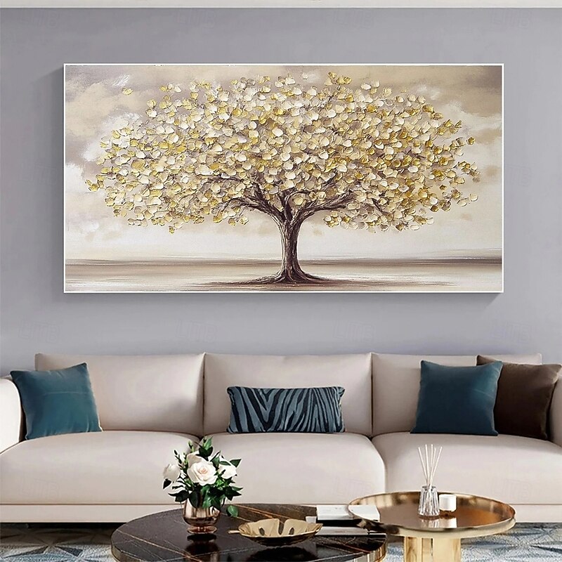 Hand painted Scenery Oil Painting on Canvas Handmade Textured Trees in Autumn Yellow Grassland Acrylic Painting River Landscape Wall Art oil painting for bedroom living room artwork4