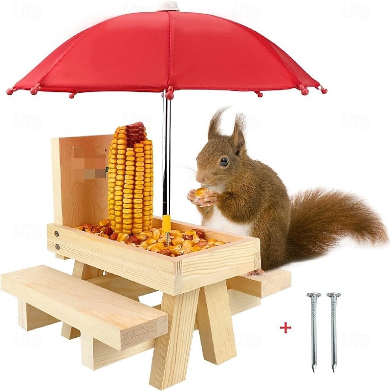 Wooden Squirrel Feeder, Solid Wood Outdoor Hanging Feeding Station for Garden, Pet Food Dispenser for Corn, Nuts, and Birds