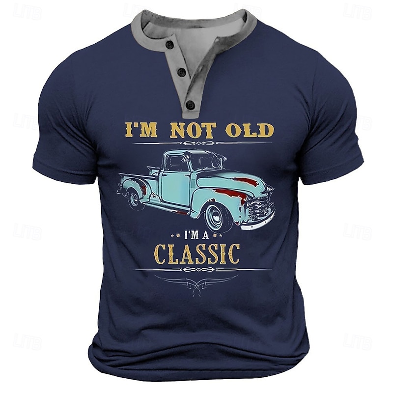 Men's Car 'CLASSIC' T Shirt Henley Shirt Short Sleeve Retro Vintage Street Casual Daily Summer Spring Black White Navy Blue Military Green Henley Henley T-Shirt