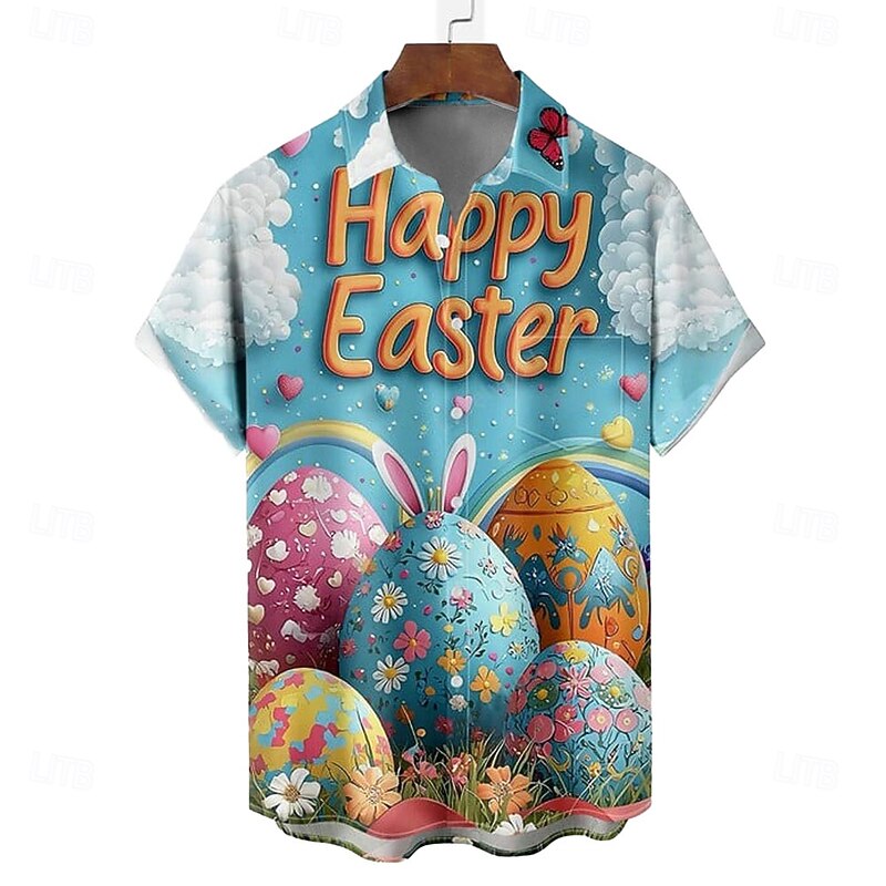 Easter Men's Bunny Neon Easter Eggs Shirt Casual Shirt Button Up Shirt Short Sleeve Vintage Retro Vacation Holiday Festival Summer Spring Turndown 3D Print Collared Shirts Front One Pocket Black Blue3