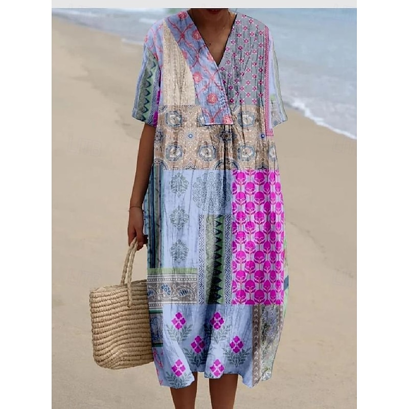 Women's Midi Dress Sundress Vacation Casual Beach Daily Going out Loose Fit Graphic Tribal Short Sleeve V Neck Pink Purple Green Summer3