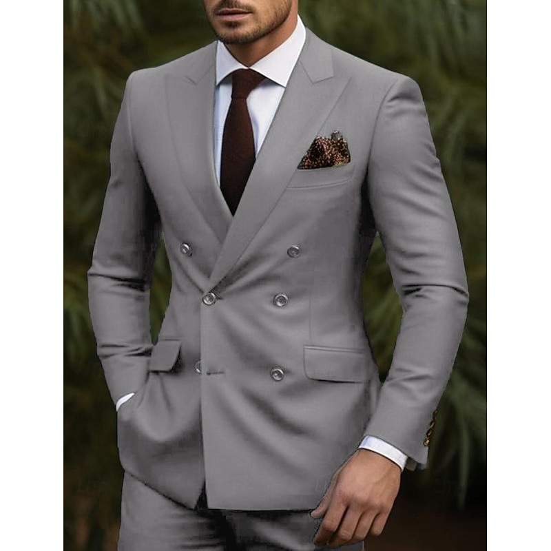 Men's Wedding Suits Peak Burgundy Dark Green Business WorkWear Solid Colored Tailored Fit 2 Piece Double Breasted Six-buttons4