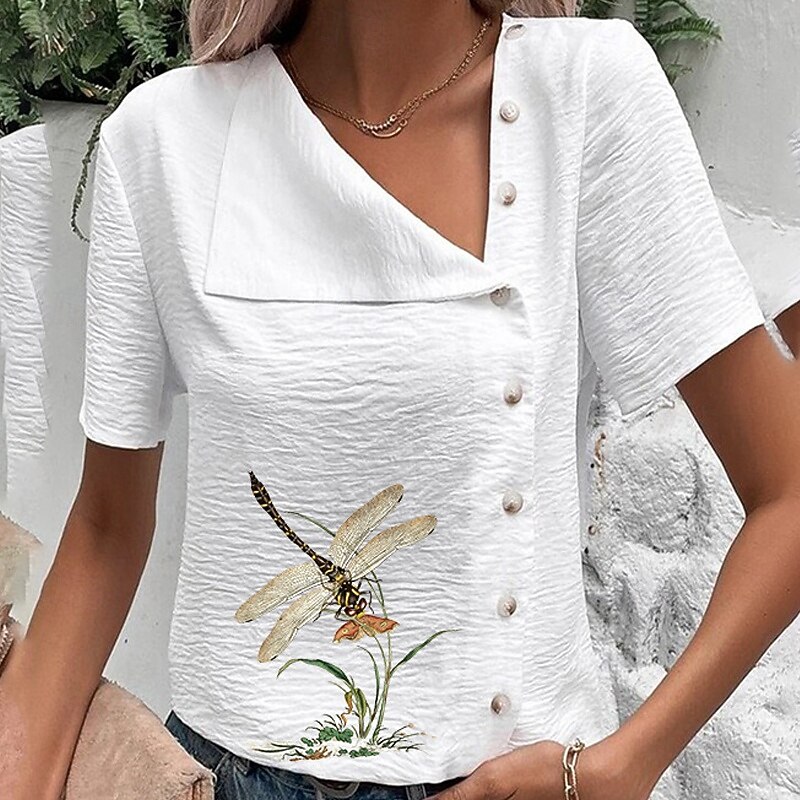 Women's Blouse Cotton Linen Shirts Flower Basic Casual Short Sleeve Asymmetrical Regular Tops Daily Holiday Buttons Print Black Blue Green Summer4