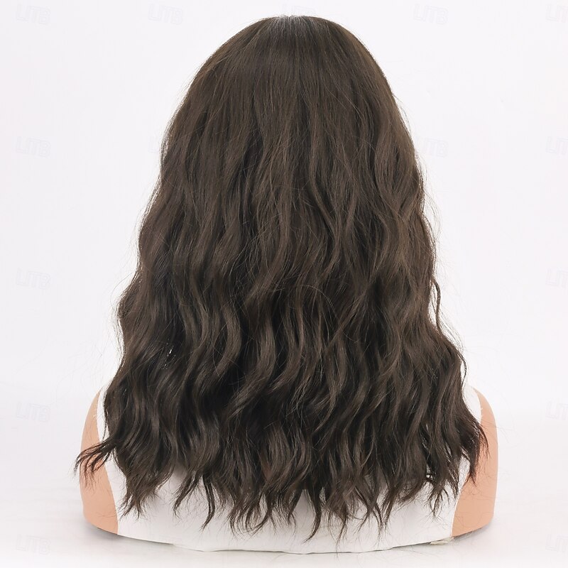 Synthetic Wig Body Wave Wavy Layered Haircut Neat Bang Machine Made Wig 18 inch A1 Synthetic Hair Women's Classic Highlighted / Balayage Hair Natural Hairline Black3