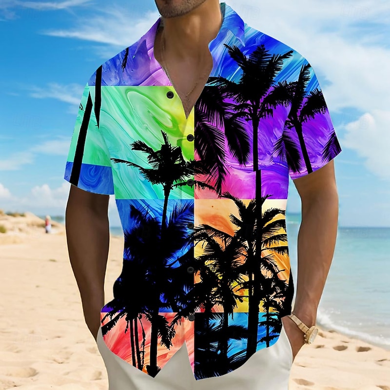 Men's Coconut Tree Patchwork Tropical Plants Shirt Summer Hawaiian Shirt Button Up Shirt Short Sleeve Hawaiian Vacation Holiday Beach Wear Summer Turndown 3D Print Collared Shirts Front One Pocket