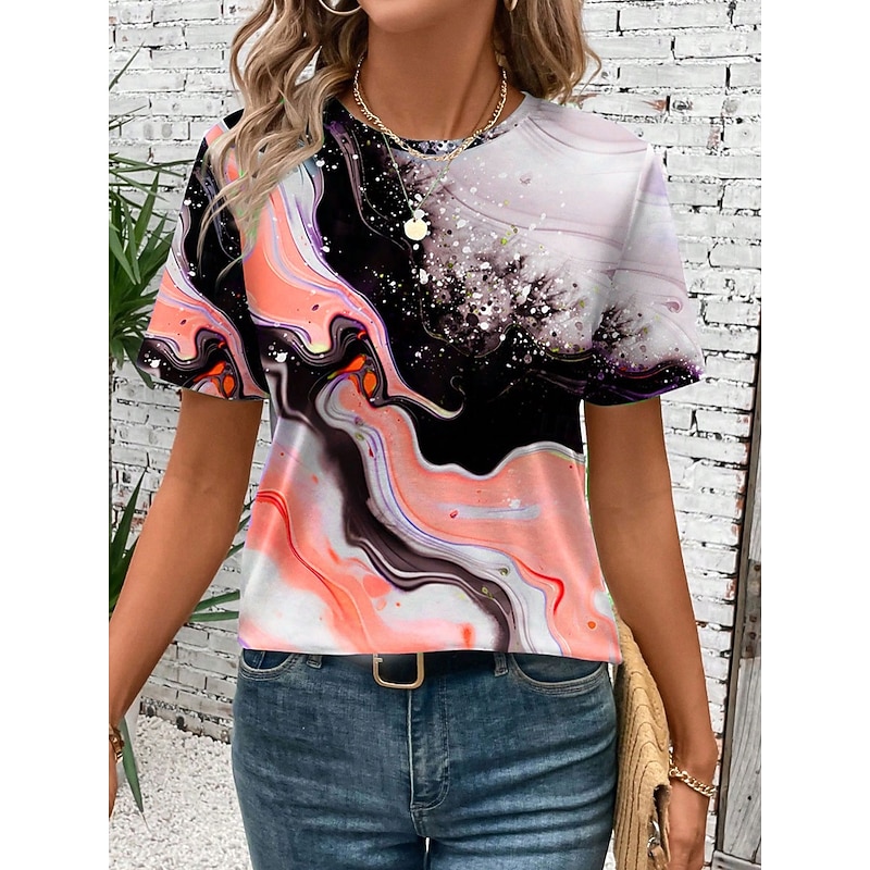 Women's T Shirt Graphic Marble Casual Trendy Short Sleeve Crew Neck Regular Tops Daily Print Blue Purple Orange Green Summer