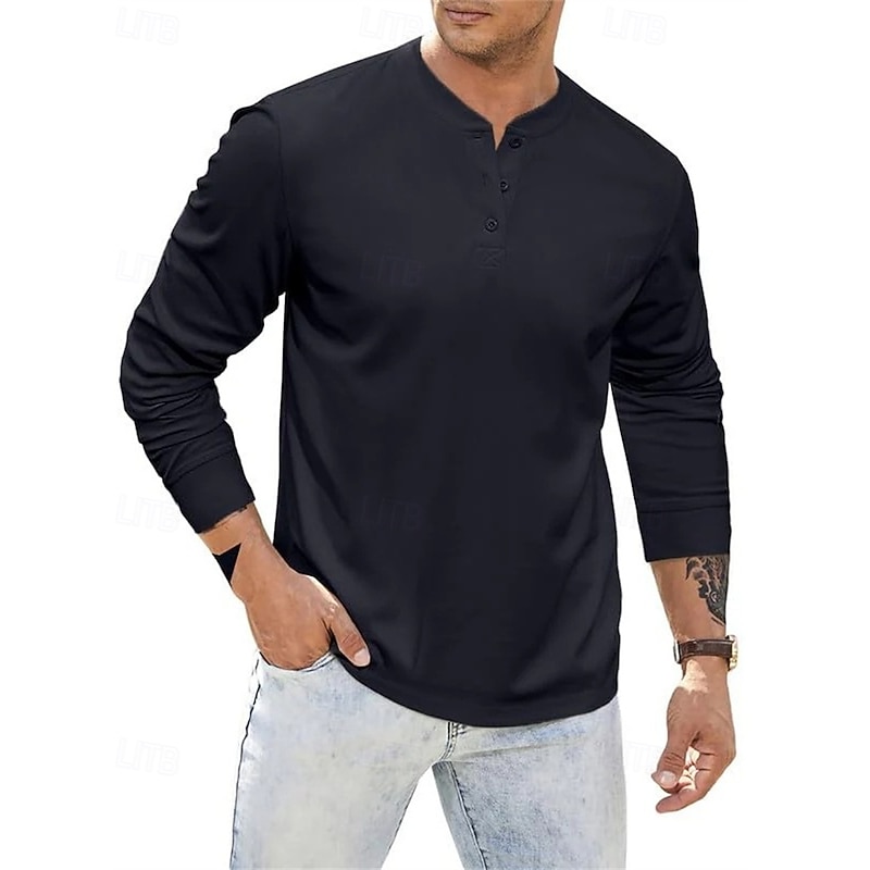 Men's Button T Shirt T Shirt Henley Shirt Tee Long Sleeve Henley Summer Spring Plain Fashion Designer Basic Buttons Vacation Street Going out Apricot Black Wine Top Tee for Men2