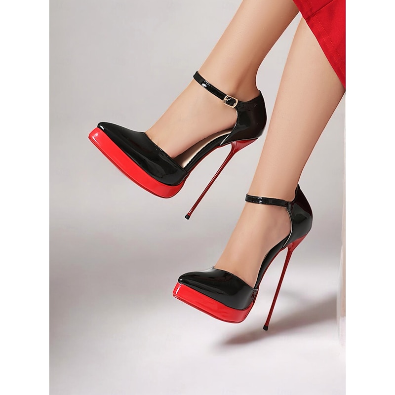Women's Black and Red Patent Leather Platform Stiletto Heels – Sexy Mary Jane Pumps for Party & Event Wear