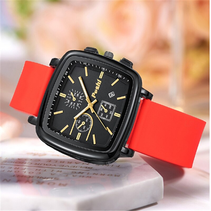 POSHI Men's and Women's Fashionable Three Eye Six Pin Decorative Casual Calendar Silicone Quartz Watch3