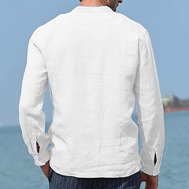 Men's Shirt Linen Shirt Cotton Linen Shirt Casual Shirt Button Up Shirt Plain Vacation Street Black White Sky Blue Beige Long Sleeve Standing Collar Spring Clothing Apparel Pocket2
